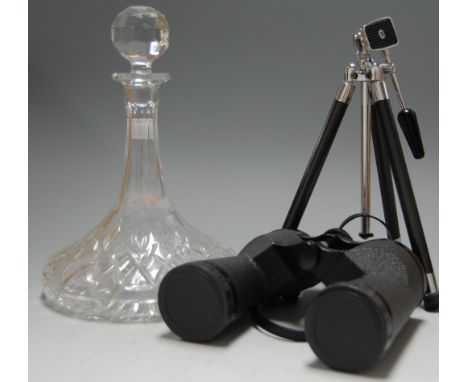 A pair of modern Swift Super Technar 10x50 binoculars, cased; together with a folding camera tripod; and a cut glass ships de