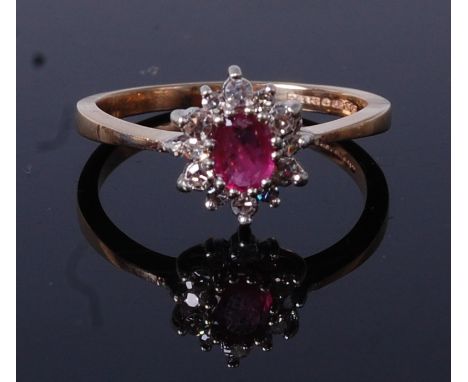 A contemporary 9ct gold, ruby and diamond flowerhead cluster ring, 2.1g, size M/O