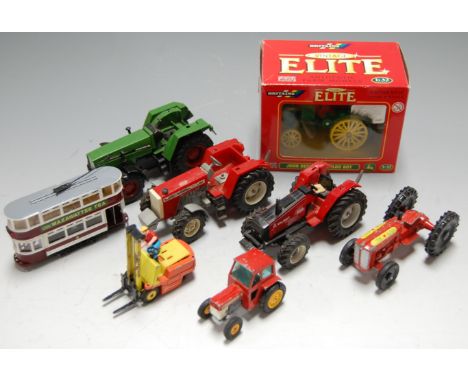 A boxed Britains Vintage Elite 1/32th scale model of a John Deere Waterloo Boy tractor; together with various loose playworn 