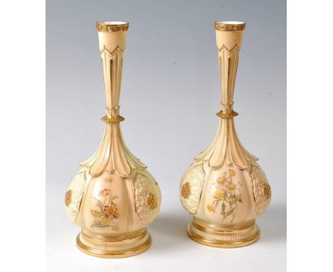 A pair of Royal Worcester blush ware lobed specimen vases, shape No. 859, puce mark circa 1893, h. 27cm (one a/f)   Condition