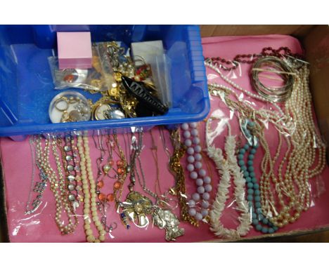 Two boxes of miscellaneous costume jewellery to include shell carved cameo brooch, faux pearl choker, various bangles etc