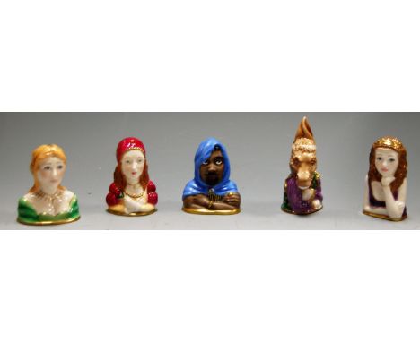 A collection of five various Royal Worcester Shakespeare character figural candle snuffers, comprising Desdemona, Othello, Ju