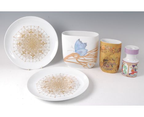 A pair of contemporary Rosenthal porcelain chargers, each heightened in gilt, with abstract web design, printed backstamps, d