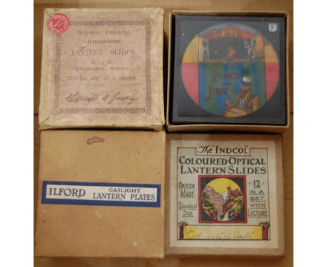 A collection of Lantern plate slides, to include; Ilford, Speechly and Millbank, and the Indcol etc, subjects to include Punc