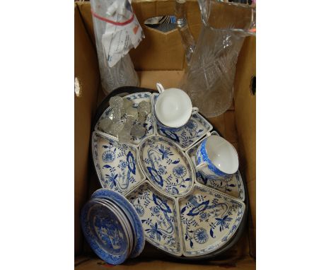 A box of miscellaneous items to include Booths silicon china hors d'oeuvres set on tray, glass knife rests, Victorian transfe