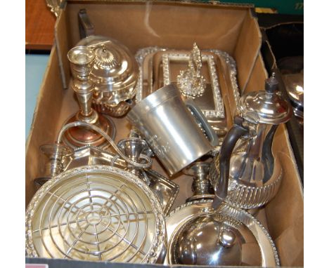 A box of miscellaneous silver plated wares, to include; Victorian entree dish and cover, Old Sheffield plate candelabra etc 