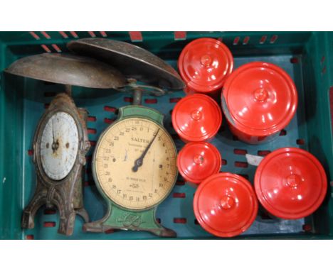 A box of miscellaneous items to include various enamelled storage jars and covers, Salter scales etc