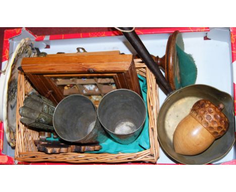 A box of miscellaneous items, to include; Maiolica glazed plate, oak spiral turned candlestick, brass pan etc 