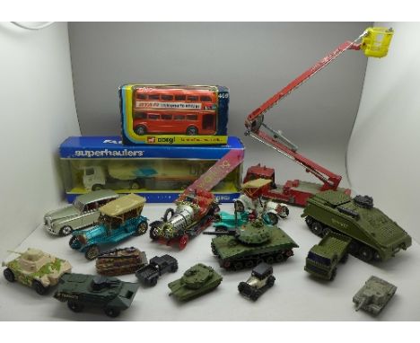 Die-cast model vehicles including Corgi Major Toys Simon Snorkel fire engine, Corgi Chitty-Chitty Bang-Bang, etc.
