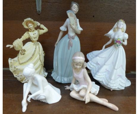 Two Coalport figures, Wedding Day and Prima Ballerina, two Leonardo figures and a Nao figure