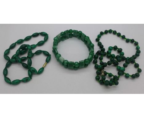 Two malachite bead necklaces and a jade bracelet