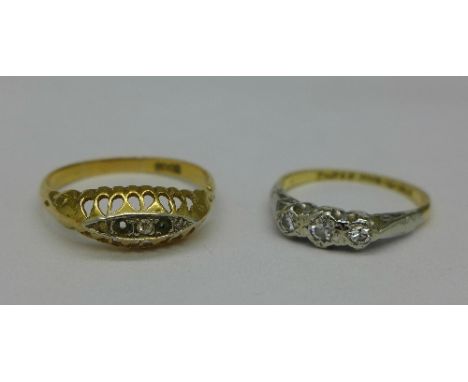 An 18ct gold, platinum set three stone ring and one other 18ct gold ring, lacking stones, total weight 4.4g, K and Q