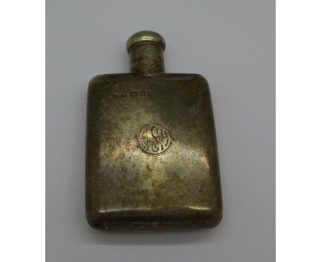 A small silver flask, London 1919, with initials, 49g