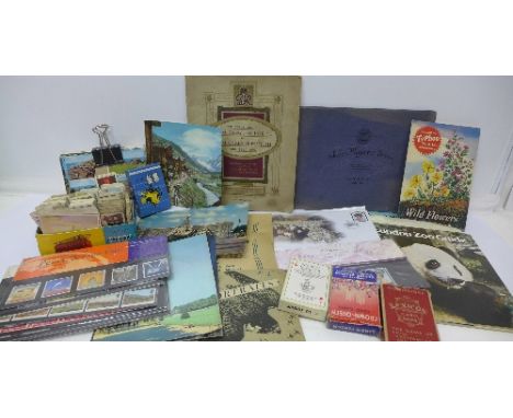 Cigarette and tea cards, playing cards, stamps including First Day covers, Alton Towers ephemera, postcards including French,