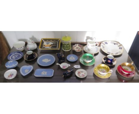 Various ceramic wares including Paragon and Aynsley cups with saucers, Wedgwood blue jasper-dip wares, Royal Crown Derby, Nor