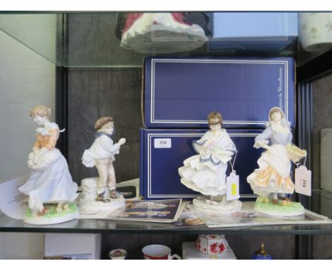 A pair of Royal Worcester 'Old Country Ways' figures, a pair of Coalport figures, a Royal Worcester 'The Queen of the May' fi