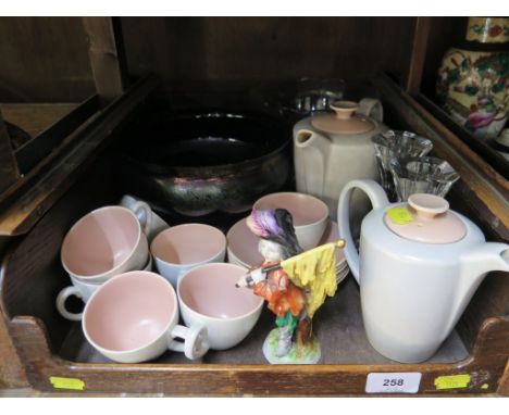 An iridescent glass bowl, 20 cm diameter, a Poole Pottery pink and blush coffee service, a Capodimonte figure of a boy holdin