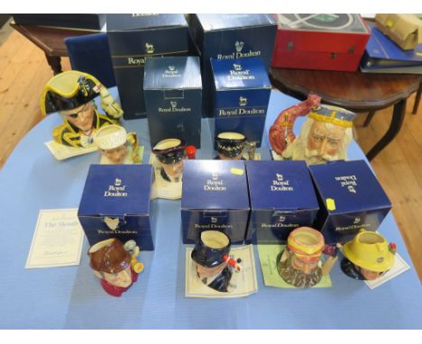 Royal Doulton character jugs: Vice Admiral Lord Nelson, Dickie Bird, The Postman, The Policeman, Merlin, The Sleuth, The Engi