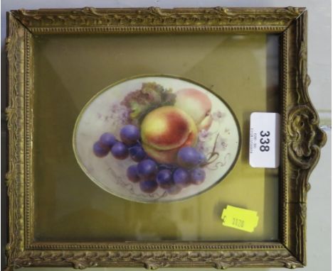 A Royal Worcester oval plaque, depicting peaches and grapes, signed by Richard Sebright, 11.5 x 9 cm 