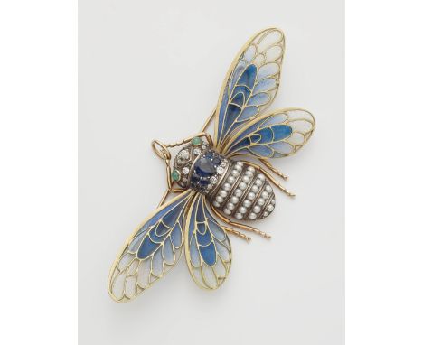 Art Nouveau-Brosche mit émail-plique-à jour14 kt Gelbgold/Weißgold. In Form einer Zikade mit ausgebreiteten Flügeln. Untersei