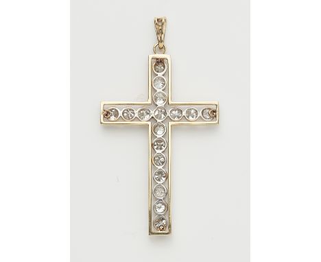 Kreuzanhänger mit Diamanten18 kt Gelbgold, partiell rhodiniert. Gefasst mit 17 Diamanten im Altschliff  (zus. ca. 2,04 ct, J/