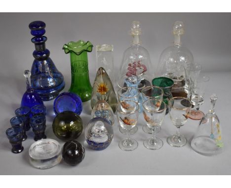 A Collection of Various Coloured Glassware to Comprise Continental Blue Glass Tot Set, Green Glass Vase, Paperweights, Ships 