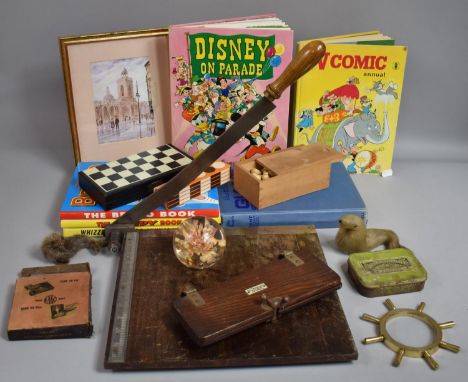 A Box of Sundries to Include Beano and Dandy Annuals, Travelling Chess Set, Vintage Tie Press, Guillotine etc 