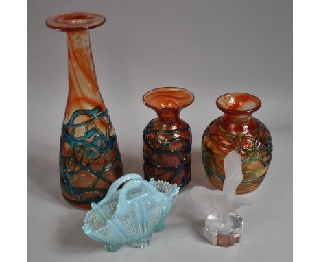 A Set of Three Studio Glass Vases Decorated in Relief with Blue Veins on Orange Mottled Ground Together with a Late 19th/Earl