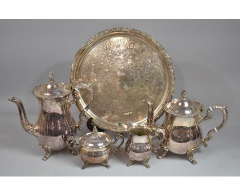 A Mappin and Webb Circular Tray with Engraved Decoration and Scrolled Border in Relief Together with a Four Piece Silver Plat