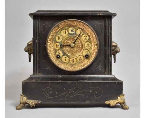 A Late 19th/Early 20th Century American Mantle Clock in Ebonised Wood to Imitate Slate, Lion Mask Handles, Case Has Been Worm