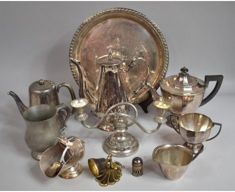 A Collection of Various Silver Plated Items to Comprise Teapots, Tray, Two Branch Candelabra etc 