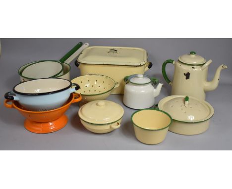 A Collection of Various Vintage Enamelled Kitchen Wares to Induce Bread Bin, Pans etc 