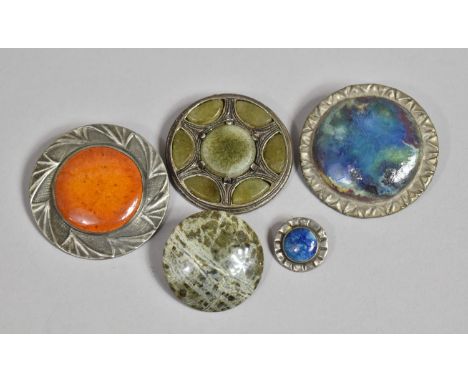 A Collection of Various Celtic Style Brooches in Polished Stone or Cabouchon 
