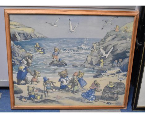 A Framed Nursery Print by Molly Brett, Teddy Bears at the Seaside, 52x43cm 