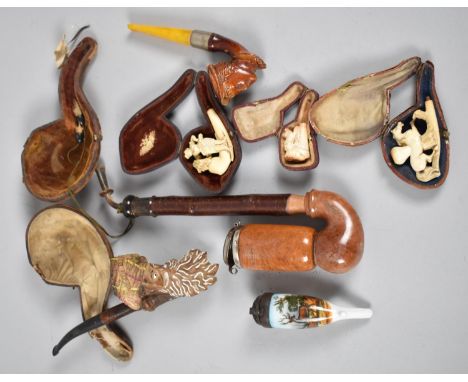 A Collection of Vintage Pipes to Include Cased Meerschaum Examples, Continental, Mask Head, Ceramic Etc 