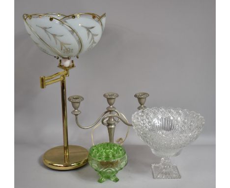 A Brass Table Uplighter, Three Branch Candelabra, Glass Bowl etc 