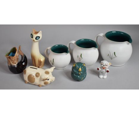 A Graduated Set of Three Denby Greenwheat Jugs Together with a Minton Koala, Novelty Ceramic Piggy Bank, Small Glazed Gluggle