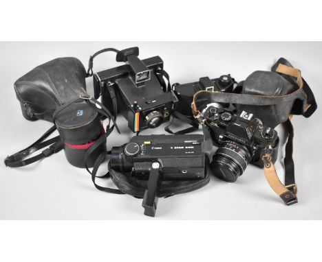 A Collection of Vintage Cameras to Include Canon 8mm Movie, Polaroid, Flash Master, Minolta and Chinon 