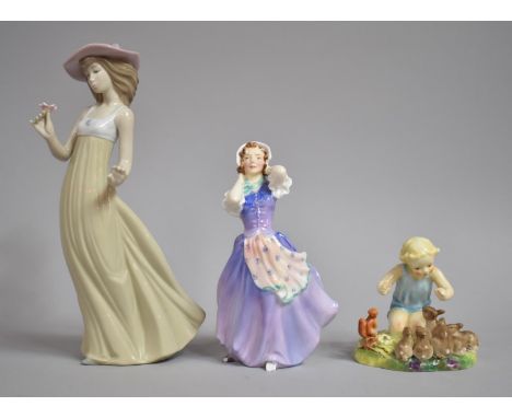 Three Figural Ornaments to Include Royal Doulton Betsy, Nao Girl with Flower and Royal Worcester Woodland Dance, Condition Is