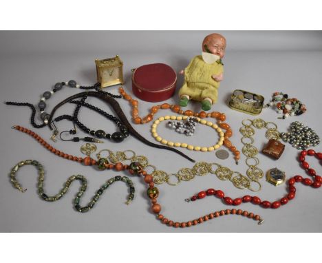 A Collection of Costume Jewellery, Small Collection of Foreign Coins, Wrist Watch, Alarm Clock, Vintage Doll etc 