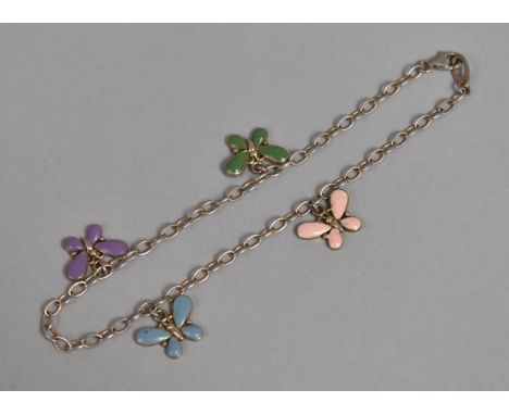A Silver Anklet Bracelet, Stamped 925 with Coloured Enamel Butterfly Decoration 