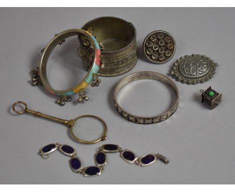 A Collection of Sundries to Include Gilt Framed Magnifying Glass, White Metal Bangles and Bracelets, Lantern Charm, Brooch et