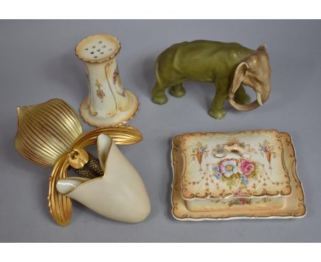 A Royal Worcester Wall Pocket of Organic Orchid Form Together with a Continental Elephant (Leg Glued) and Two Pieces of Blush