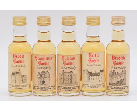Five Prestonfield House miniature Scotch whiskies - Castle labels, including:Brodie Castle,Craigievar Castle,Culzean Castle,K