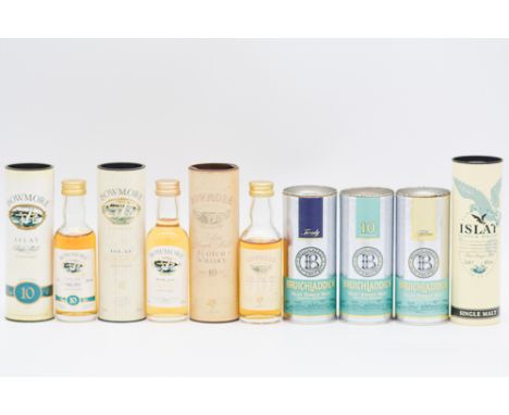 Seven assorted single Islay malt Scotch miniature whiskies including:Bowmore, 10 year old, 5cl, 43%, in tube;Bowmore, 10 year