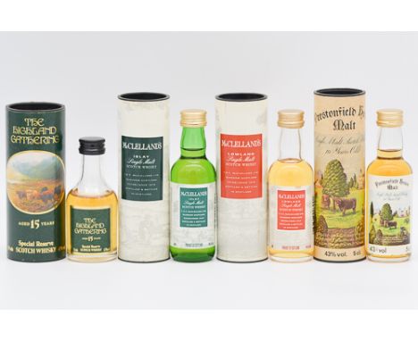 Seven speciality bottlings of miniature Scotch whisky including:Prestonfield House, 10 year old malt, 5cl, 43%, in tube;Prest