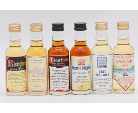 The Master of Malt - six speciality miniature whisky bottlings:Blairfindy 1977, 16 year old, single Speyside malt, cask 7020,