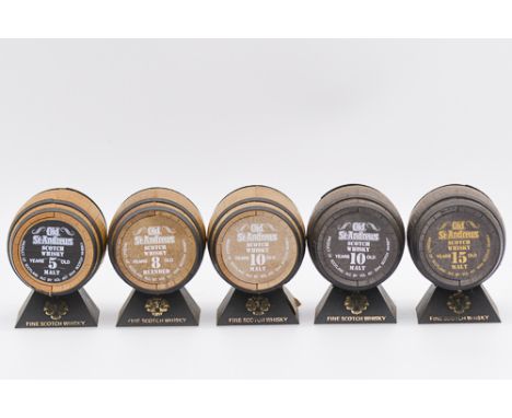 Collection of St Andrews whisky barrel miniatures, including:3 year old, 6 year old, 12 year old, presentation pack;5 year ol