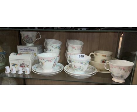 SHELF OF ROYAL ALBERT BONE CHINA THE PICNIC TEASET, ROYAL DOULTON BUNNYKINS AND SOME THIMBLES