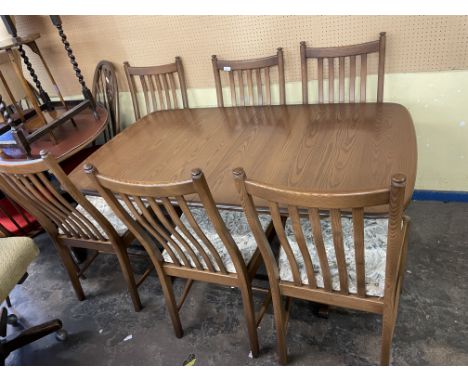 ERCOL ELM REFECTORY TABLE AND SIX UPHOLSTERED SLAT BACK CHAIRS 